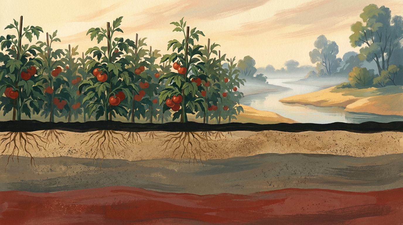 Painted cross-section of farmland showing sandy brown loam over clay, with tomato plants growing above and a river in the background