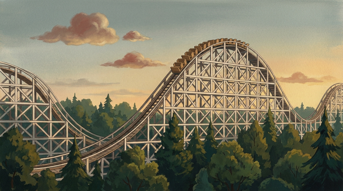 Painted wooden roller coaster rising above green Virginia woods in the late afternoon