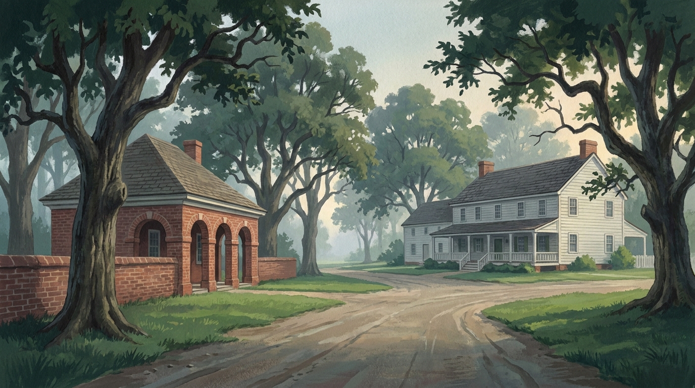 Painted country crossroads in Hanover County with a white colonial courthouse with brick arches, an old tavern and tall trees in morning light