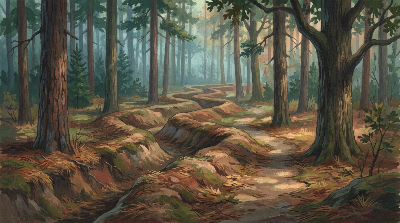 Painted view of an old earthwork trench line in a quiet Virginia pine forest with dappled light and fallen needles