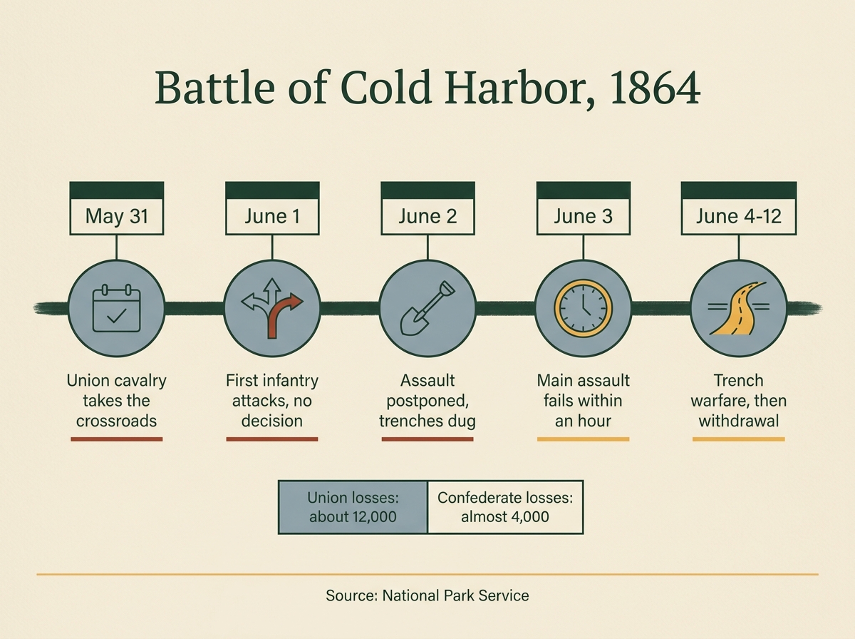 Infographic: timeline of the Battle of Cold Harbor from May 31 to June 12, 1864, with the key events of each phase