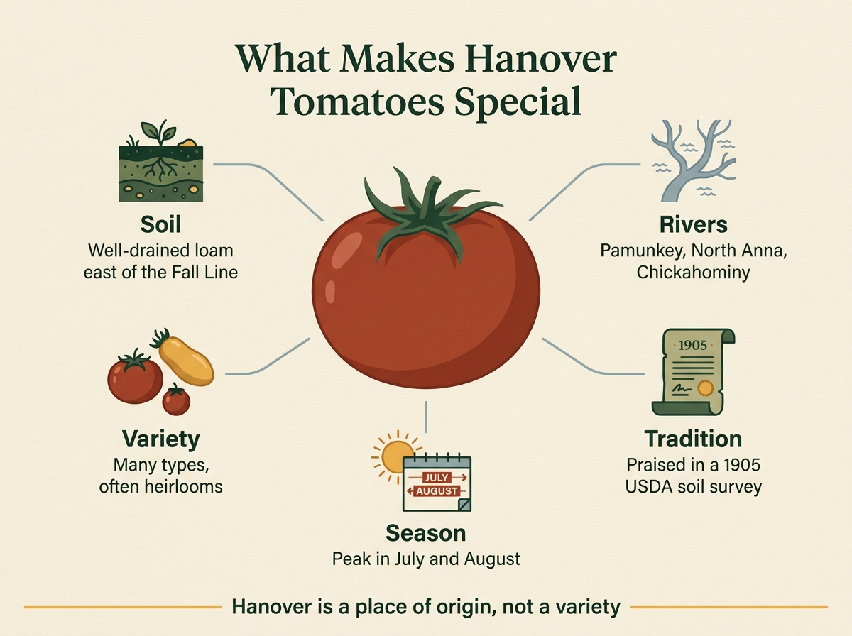 Infographic: what makes Hanover tomatoes special, with soil, rivers, variety, tradition and season shown as five factors