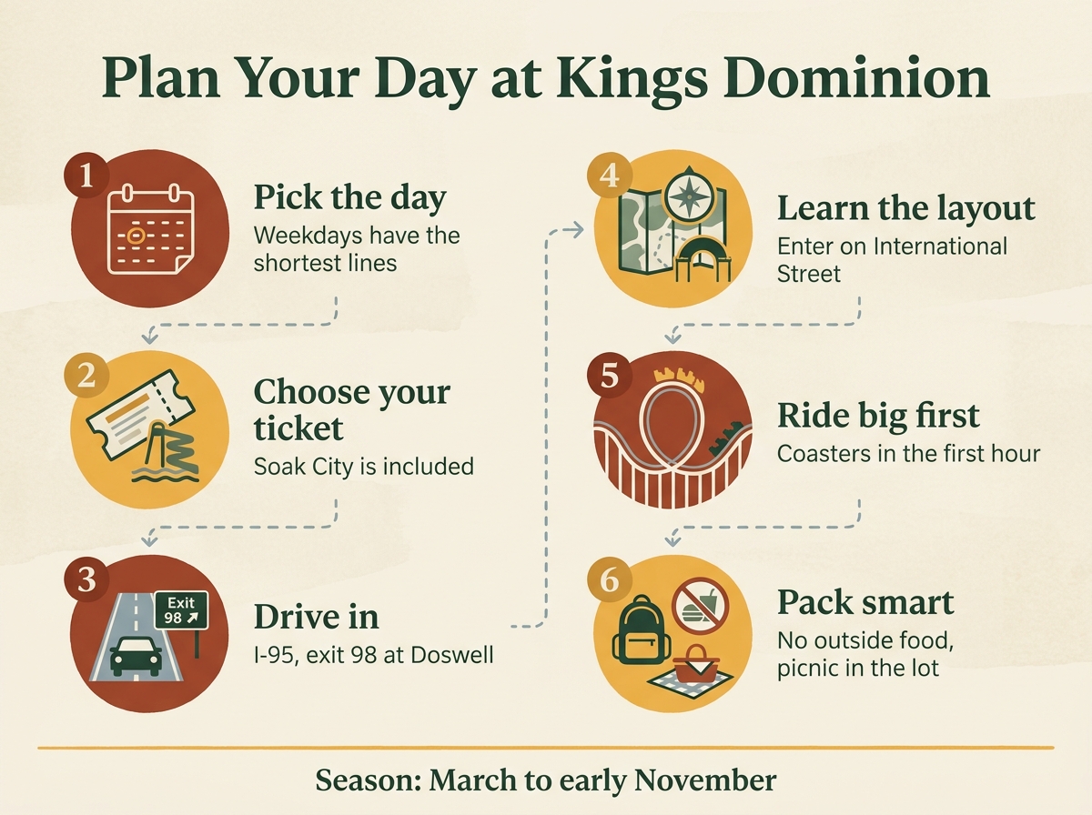 Infographic: six steps to plan a day at Kings Dominion, from picking the day to packing smart