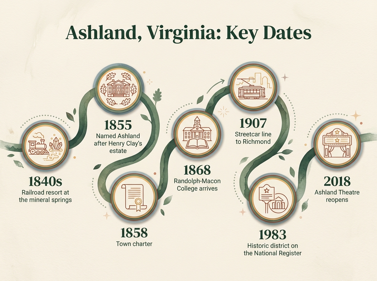 Infographic: timeline of Ashland, named after Henry Clay's estate, from the 1840s resort to the theater reopening in 2018