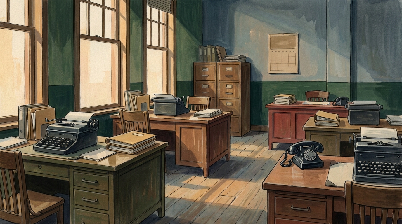Painted interior of a small 20th-century newsroom with wooden desks, typewriters, a wall calendar and afternoon light through tall windows
