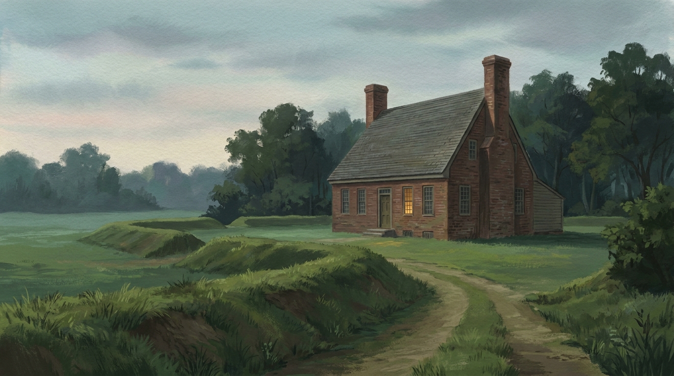 Painted colonial brick farmhouse with tall chimneys in a green field, edged by woods and old earthworks, under a soft sky