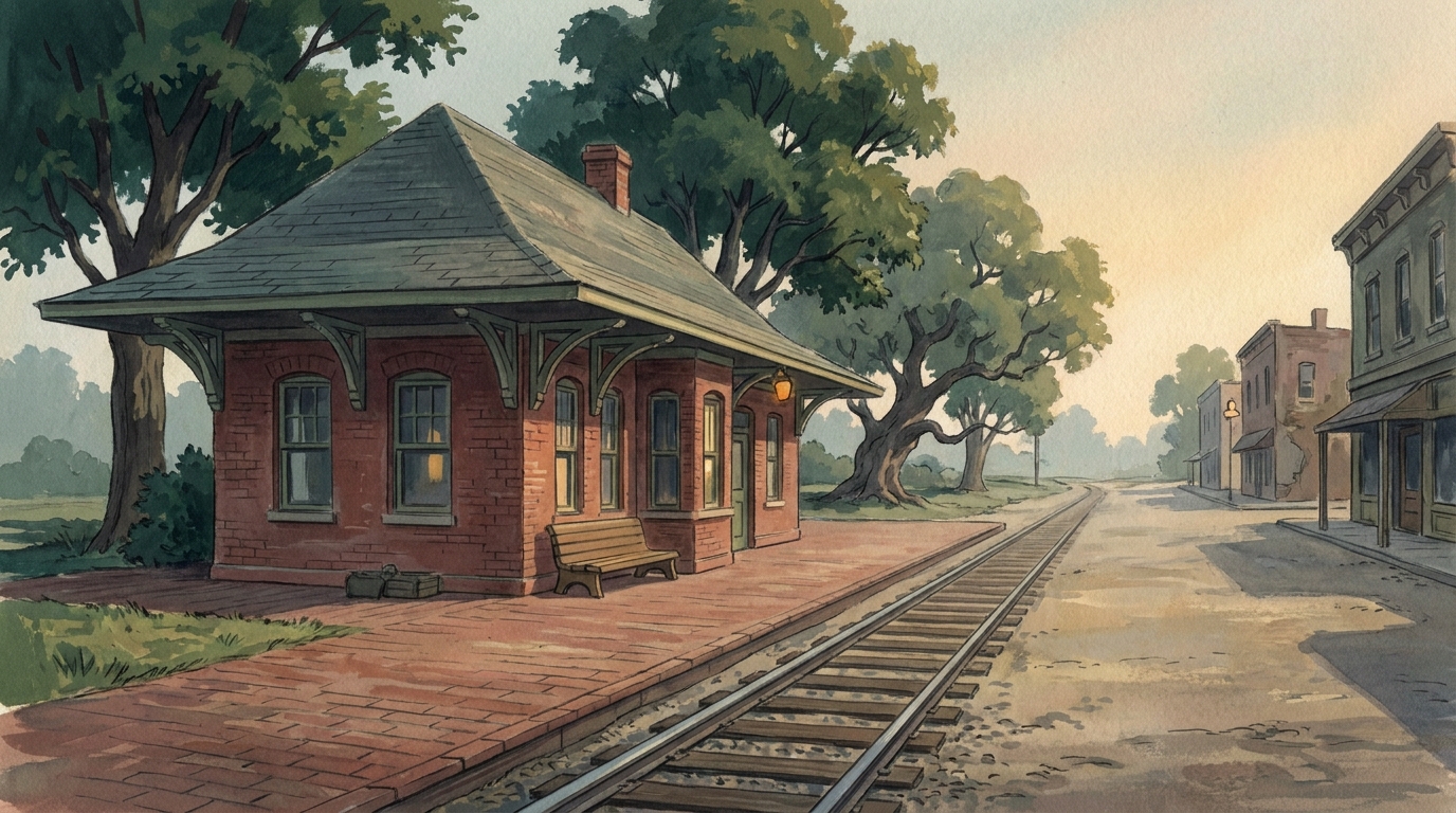 Painted 1920s brick depot beside the rails, old trees and a bench on the platform