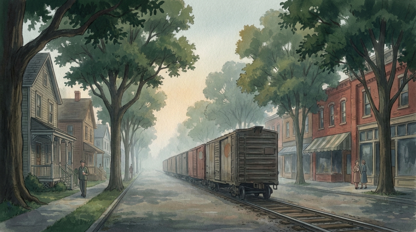 Painted small town lane, rails down the middle, Victorian houses and porches, a passenger train in morning light