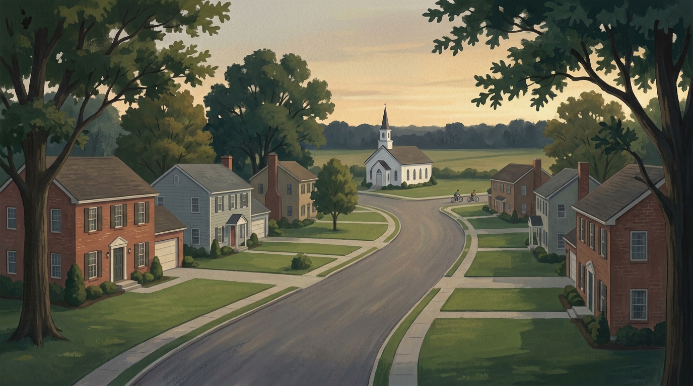Painted suburban Virginia landscape with a quiet residential street, mature trees, a small white church and fields in soft evening light