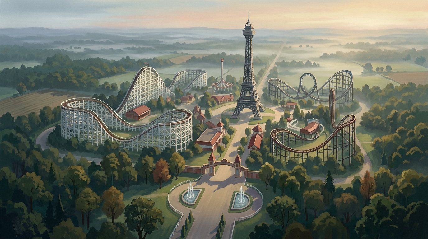 Painted view of a theme park at dawn with wooden and steel roller coasters, a tall lattice tower and fog over the trees