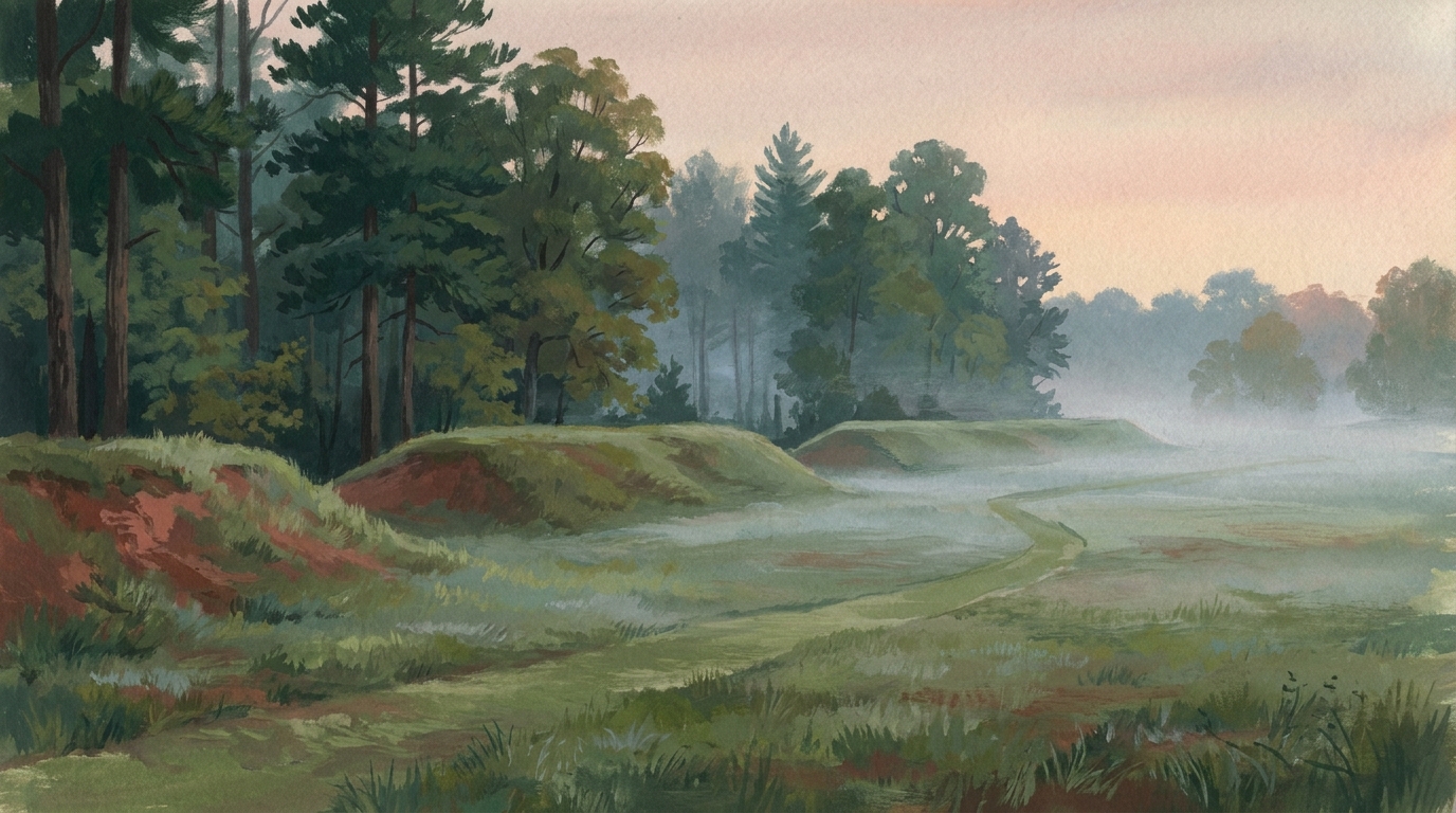 Painted Virginia battlefield landscape at dawn with grassy earthwork lines at the edge of a pine forest and mist over an open field