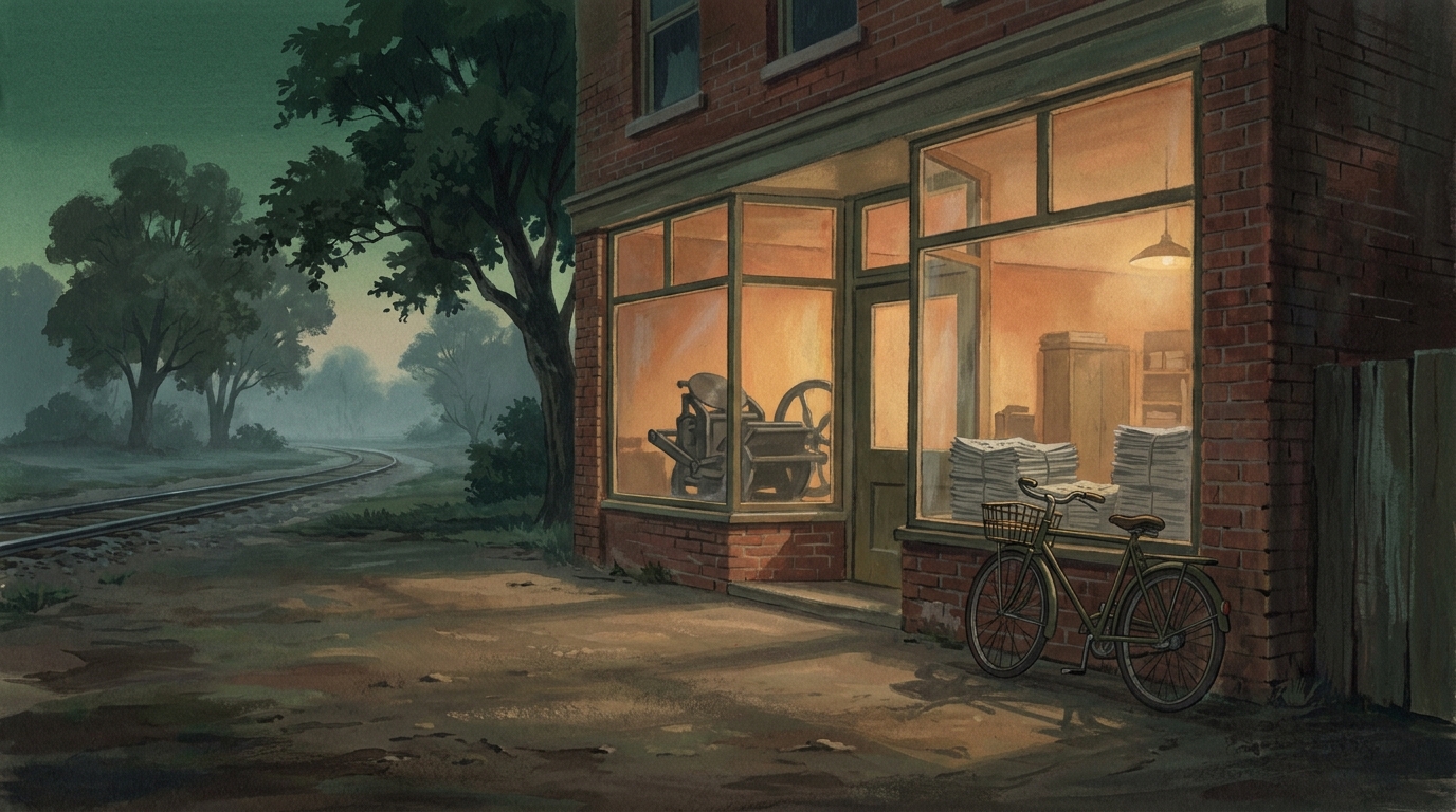 Painted small-town newspaper office at dusk with a brick storefront, lit windows, stacks of newsprint and an old printing press visible inside