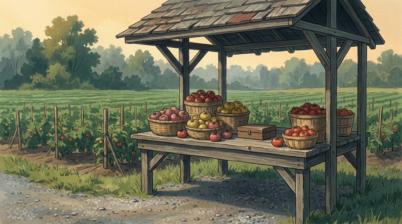 Painted roadside farm stand in Virginia with baskets of ripe red tomatoes, a hand-painted wooden table and green fields behind in summer light