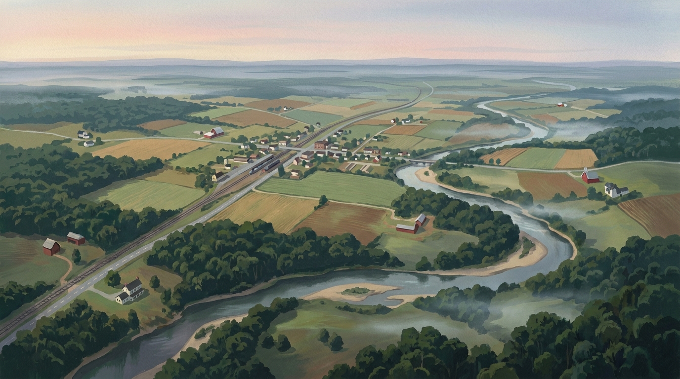 Painted aerial view of rolling Virginia farmland with a small railroad settlement, a winding river and woods under a soft morning sky